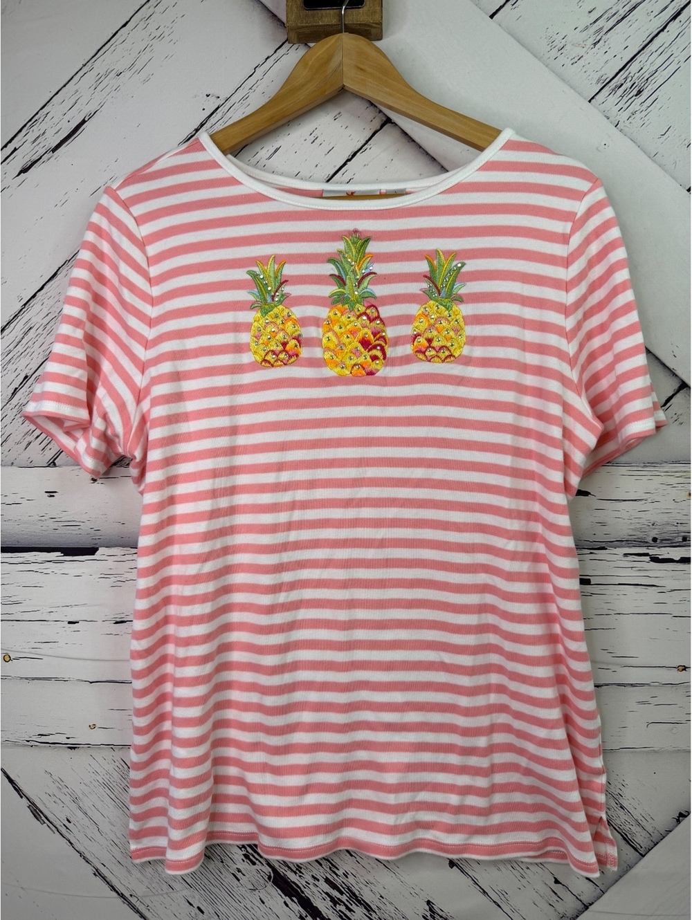Quacker Factory Whimsy Striped Pineapple Rhinestone Embellished Top Women Large